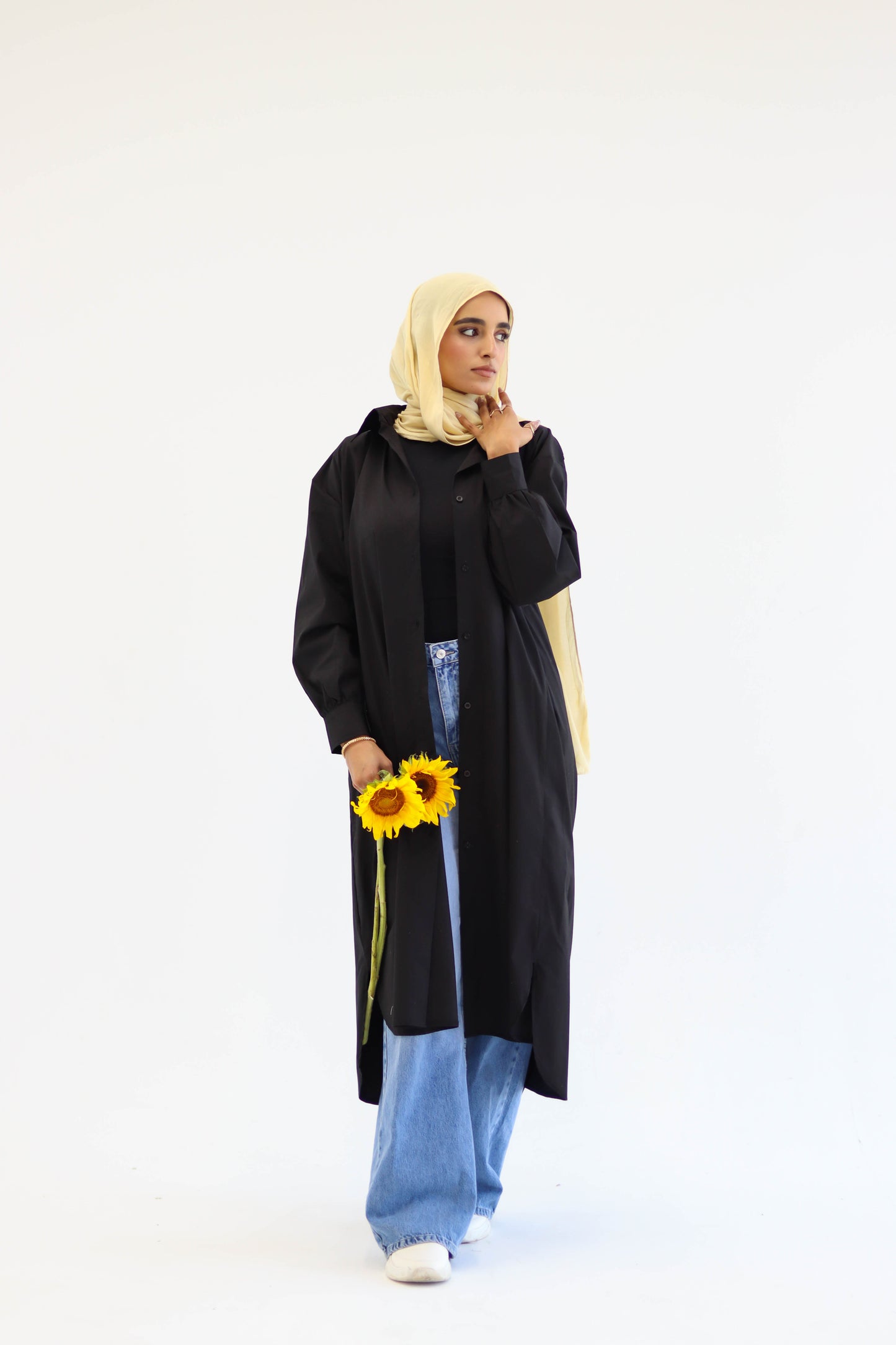 Poplin Cotton Long Shirt in Black