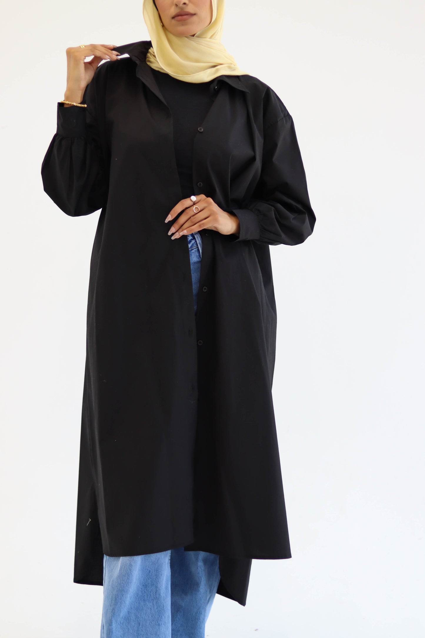 Poplin Cotton Long Shirt in Black