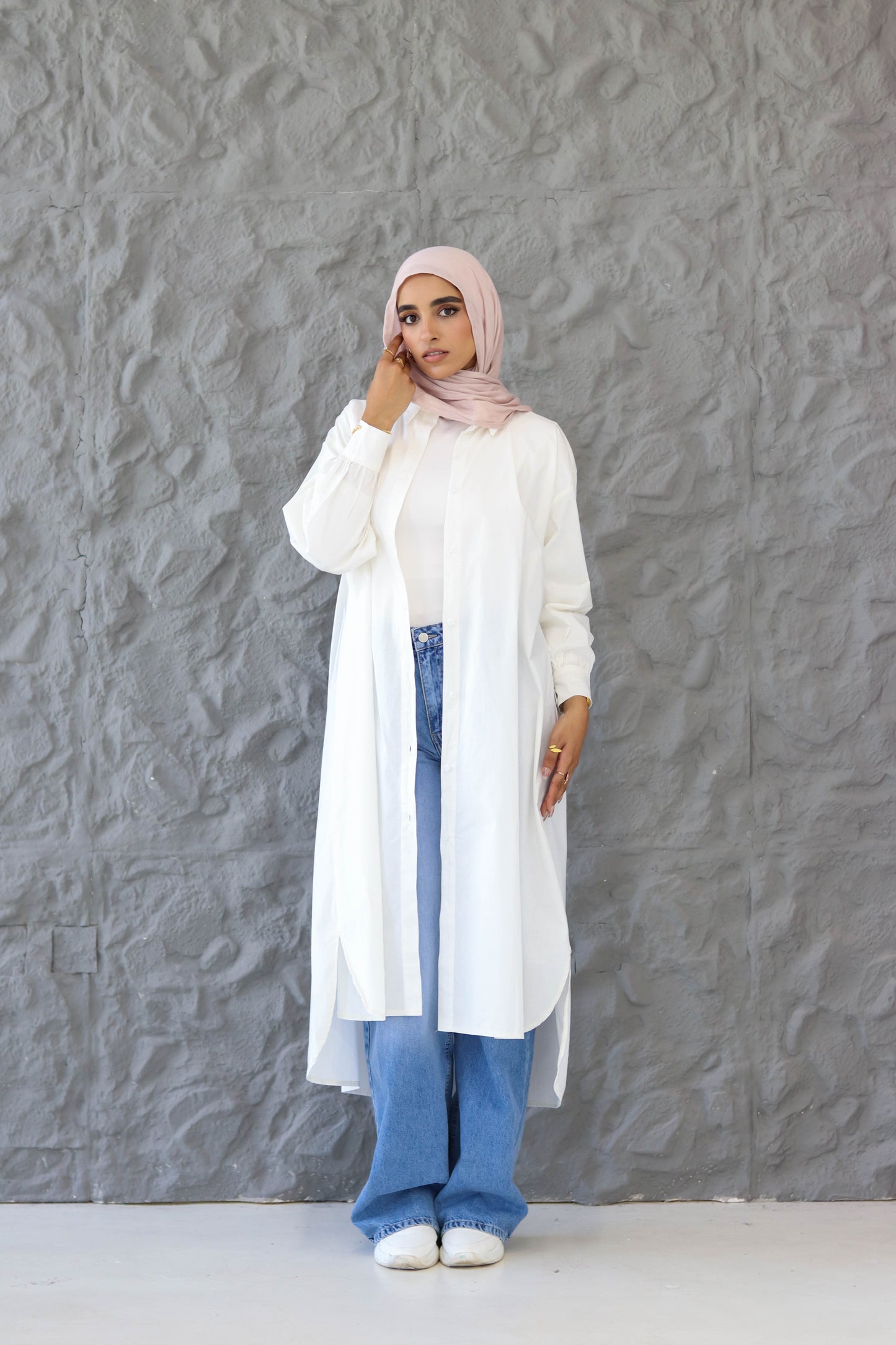 Poplin Cotton Long Shirt in White