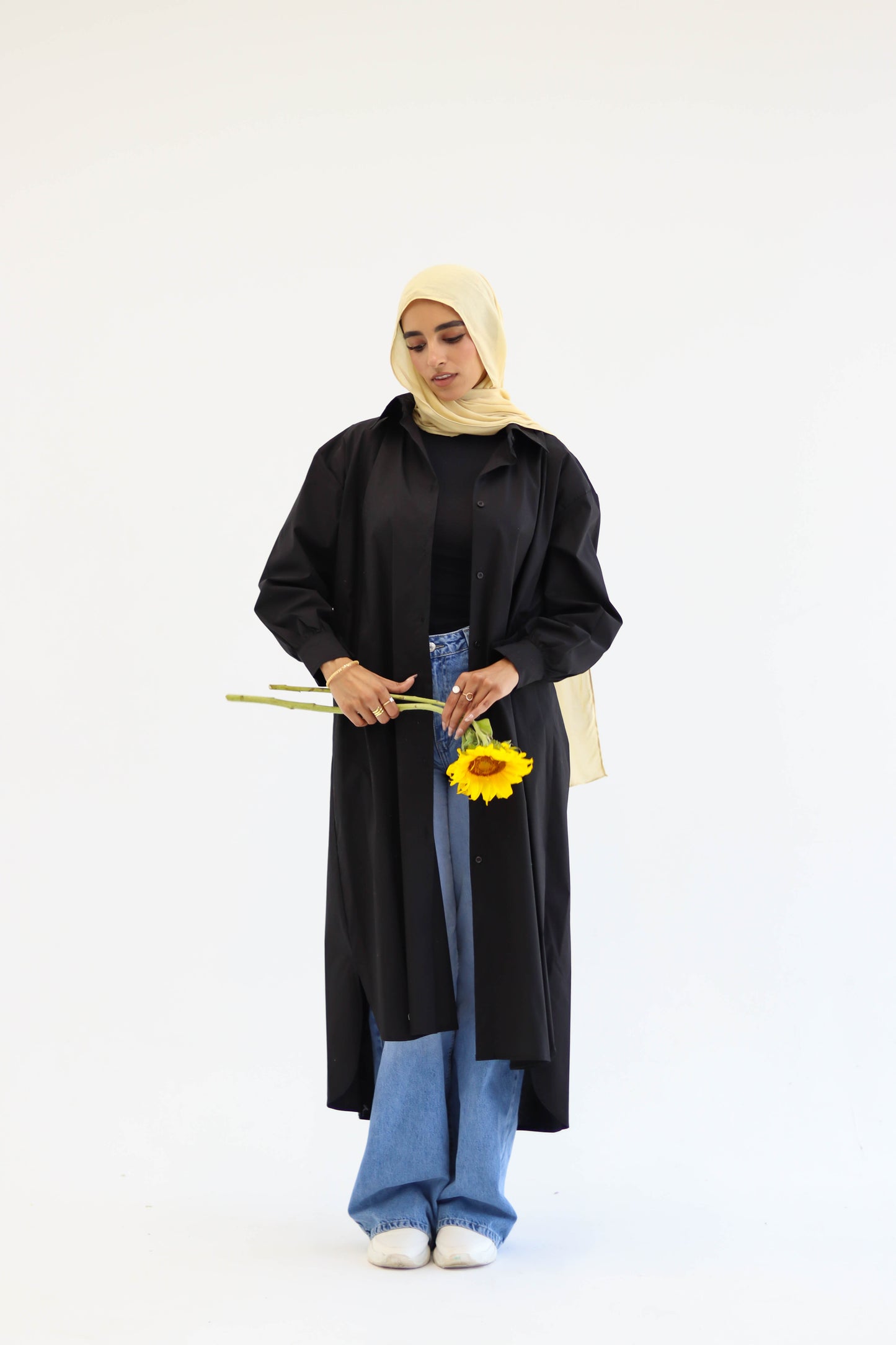 Poplin Cotton Long Shirt in Black