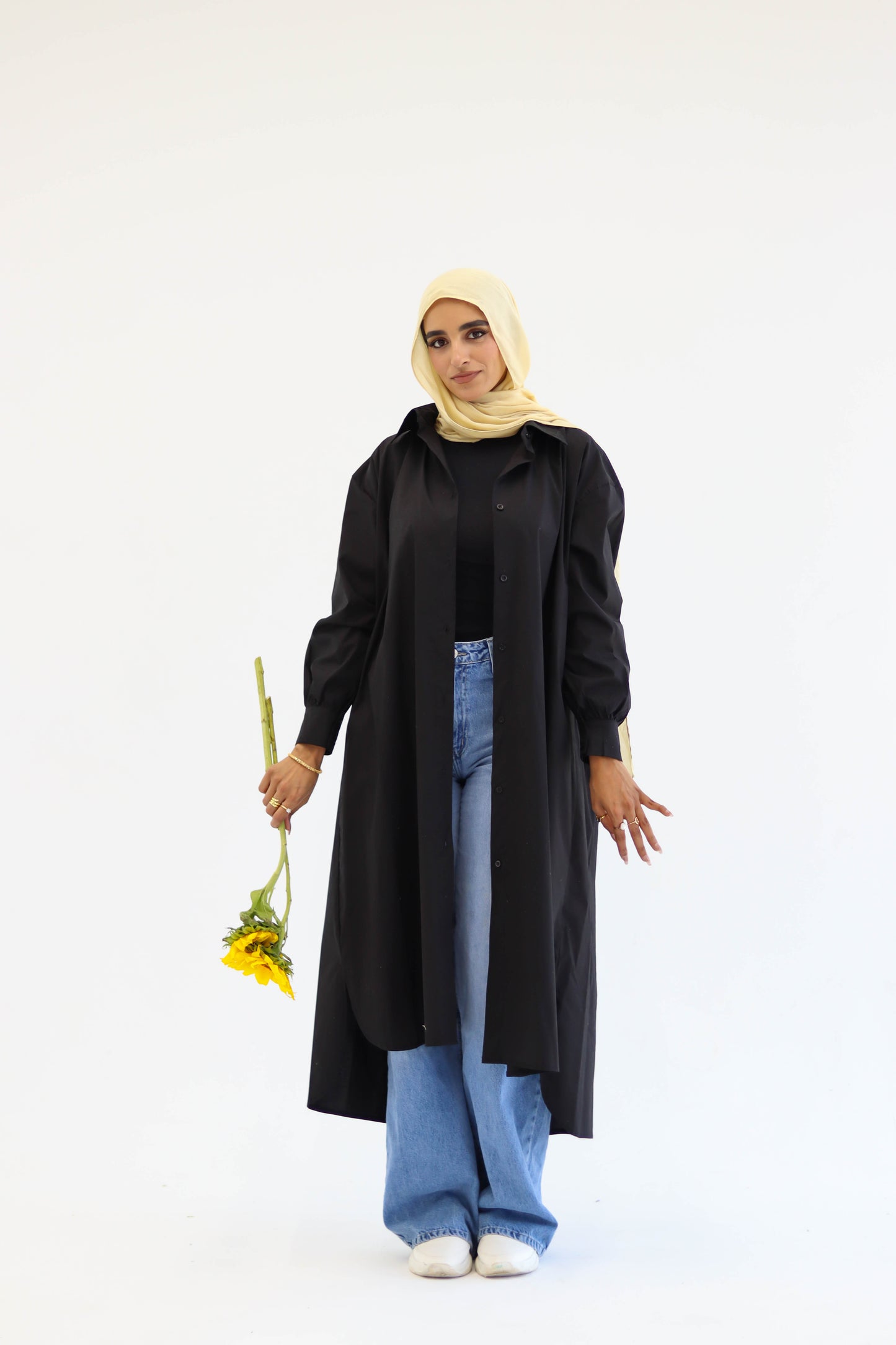 Poplin Cotton Long Shirt in Black