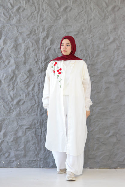 Flurry Embroidered Poplin Cotton Long Shirt in White