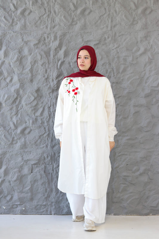 Flurry Embroidered Poplin Cotton Long Shirt in White