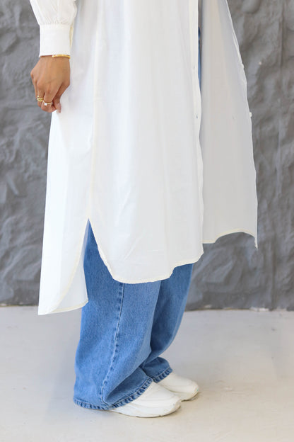 Poplin Cotton Long Shirt in White