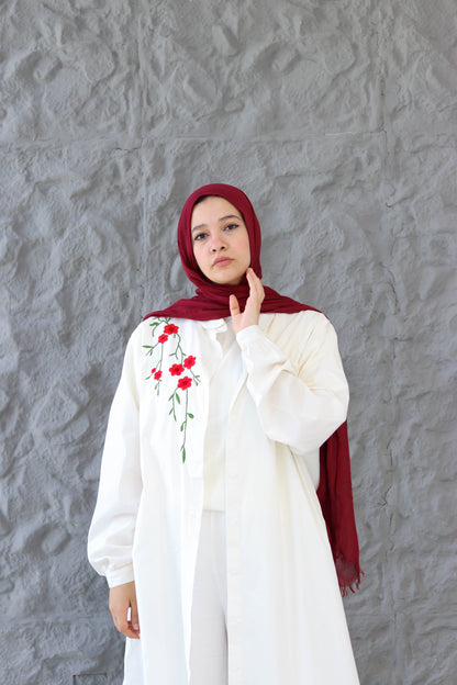 Flurry Embroidered Poplin Cotton Long Shirt in White