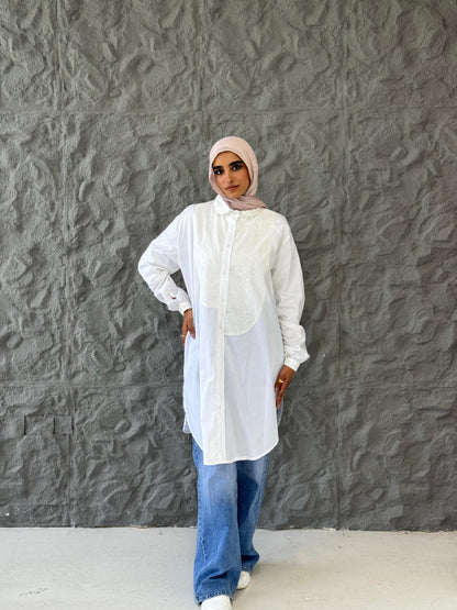 Yasmine Poplin Cotton Long Shirt in White