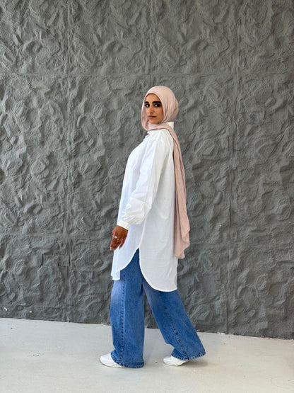 Yasmine Poplin Cotton Long Shirt in White