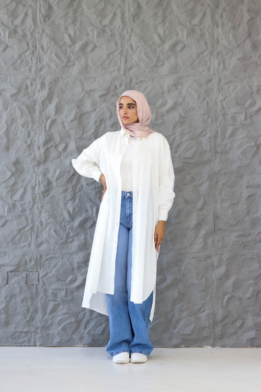 Poplin Cotton Long Shirt in White