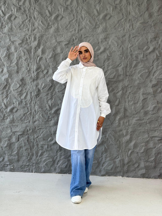 Yasmine Poplin Cotton Long Shirt in White