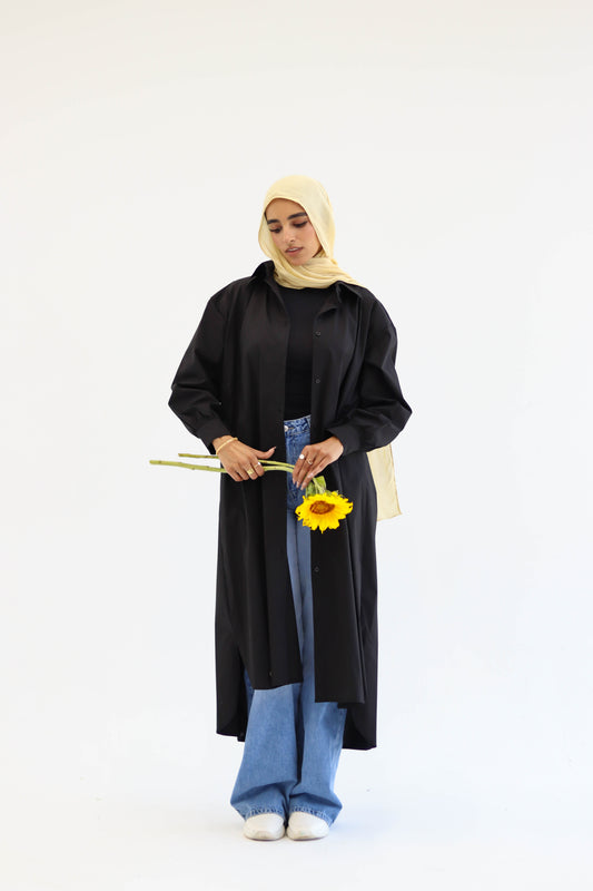 Poplin Cotton Long Shirt in Black